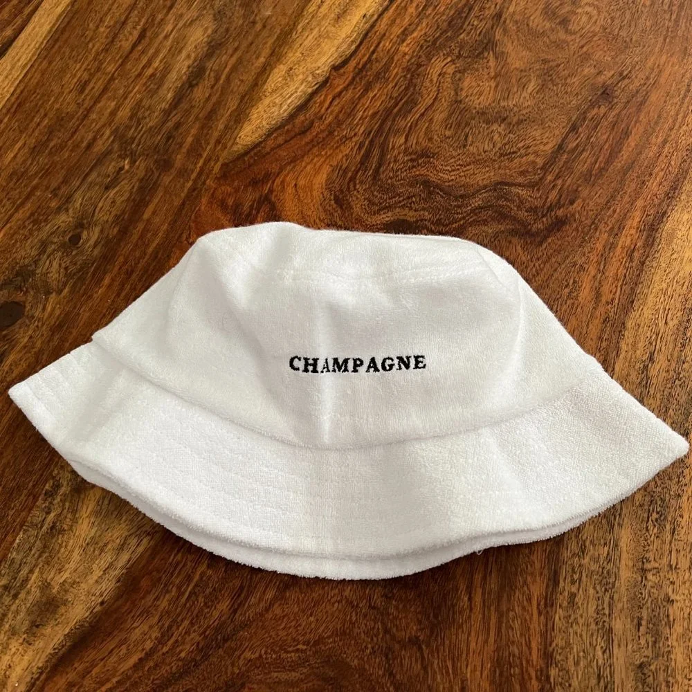 "CHAMPAGNE" White Terry Bucket Hat Unisex - Picture 2 of 4
